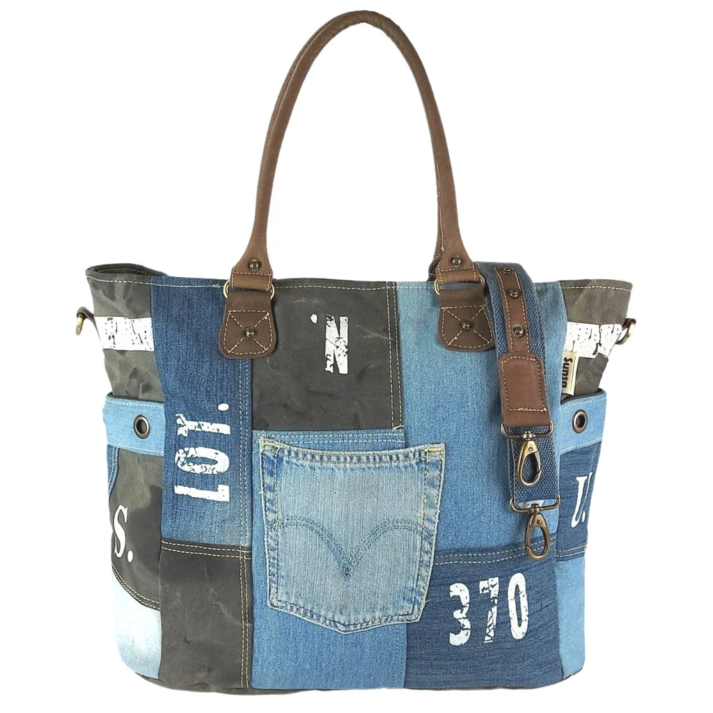 Schultertasche Handtasche Shopper No.65 Jeans & Canvas recycelt Blau Brauntöne