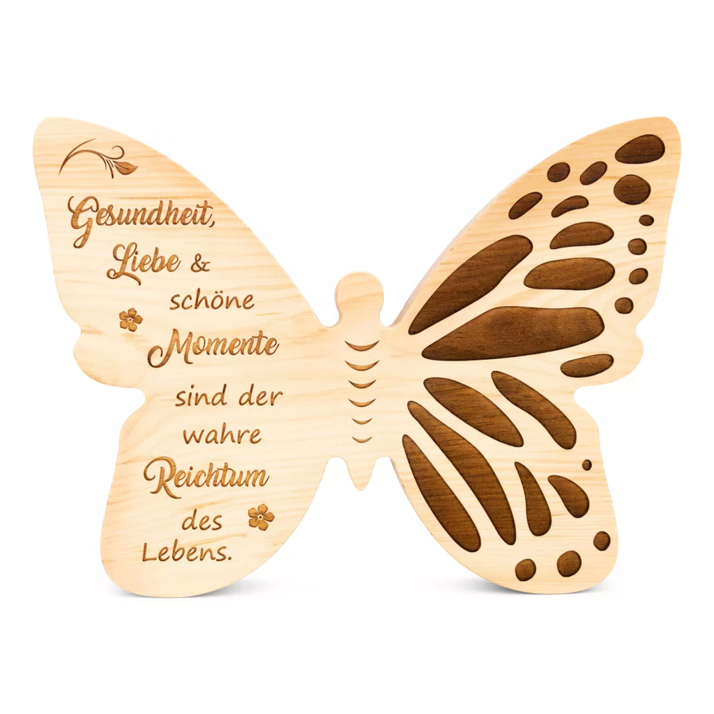 Zirbenholz Schmetterling mit Spruch Gesundheit, Liebe & Momente No.16
