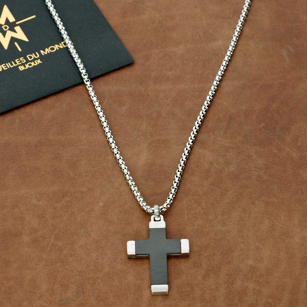 Merveilles du Monde Herren Kreuzkette mit Anhänger aus Edelstahl und Holz bis 57 cm