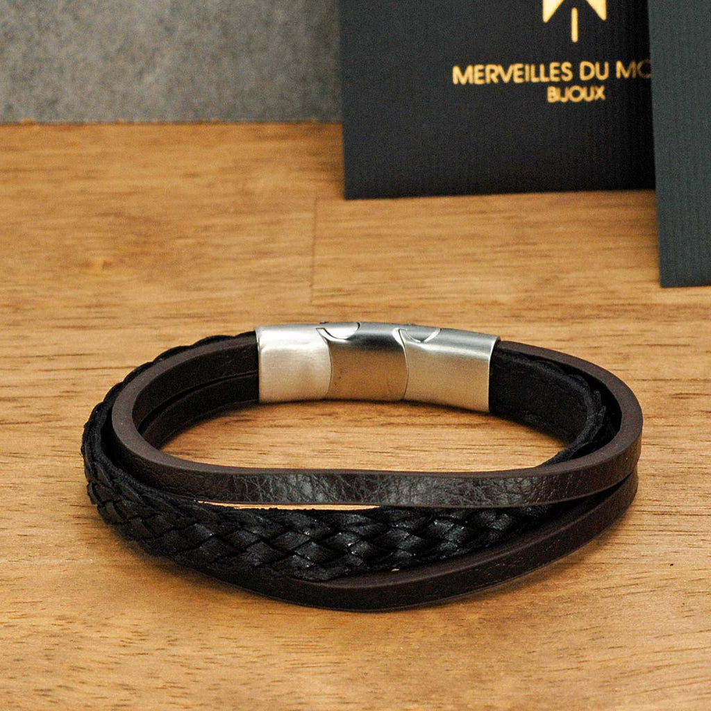 Merveilles du Monde mehrreihiges verlängerbares Herren Leder Armband 20.5 bis 21.5 cm
