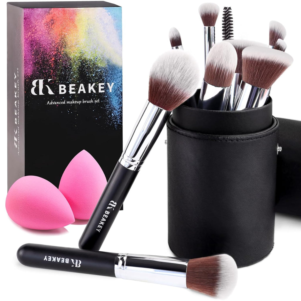 BEAKEY Pinselset Make up 10 Stück + 2 Schwamm mit Pinseletui