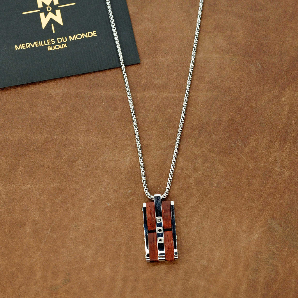 Herren Edelstahlkette mit Anhänger aus Edelstahl und Holz bis 50 cm No.004