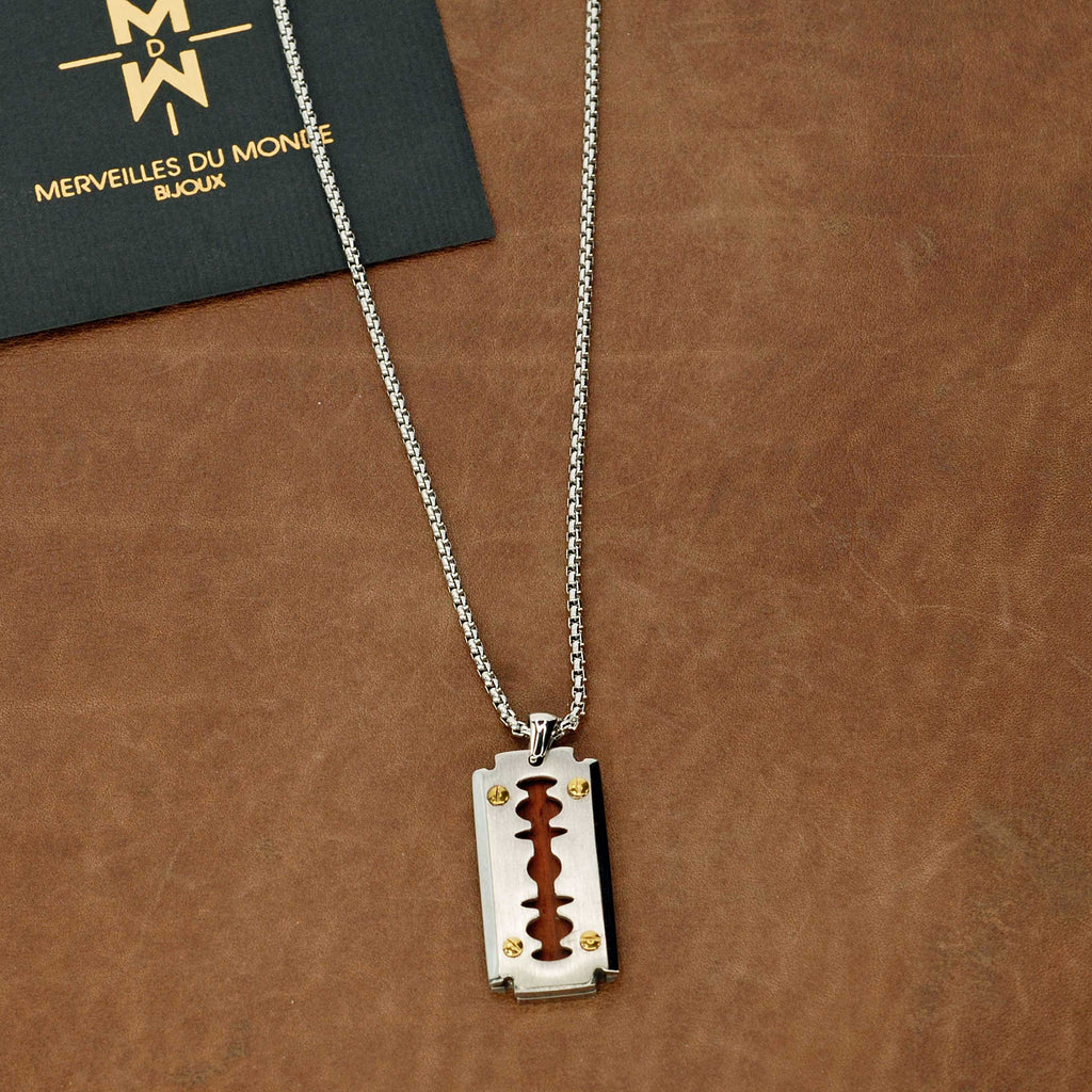 Herren Edelstahlkette mit Anhänger aus Edelstahl und Holz bis 50 cm No.003