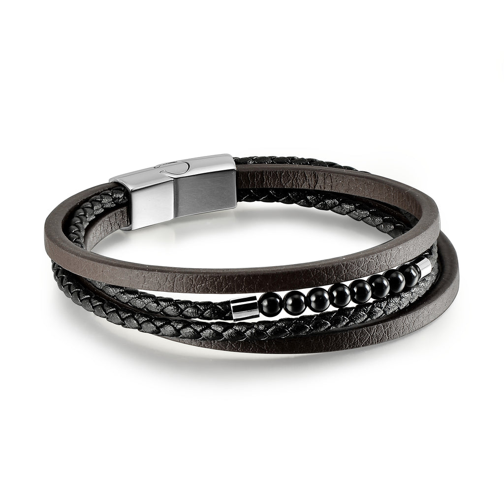 Merveilles du Monde Mehrreihiges Armband aus Stahl, Leder und Onyx- Umfang 21 cm