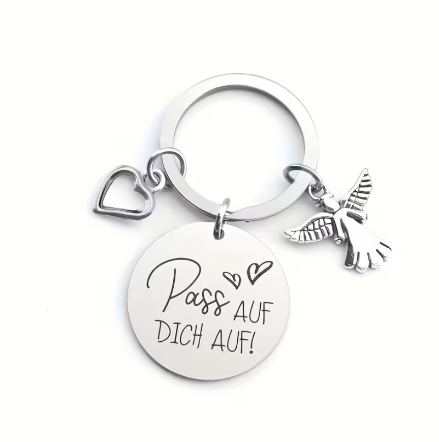 Ambiance1 Schlüsselanhänger mit Schutzengel, Herz und Spruch "PASS AUF DICH AUF"