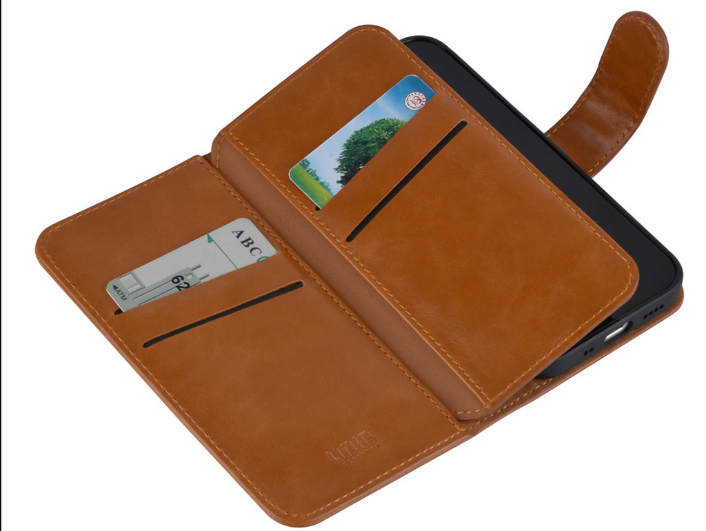 Handyhülle iPhone 13 Mini - UNIQ Accessory Book-Case Veganes Leder 6 Kartenfächer Braun