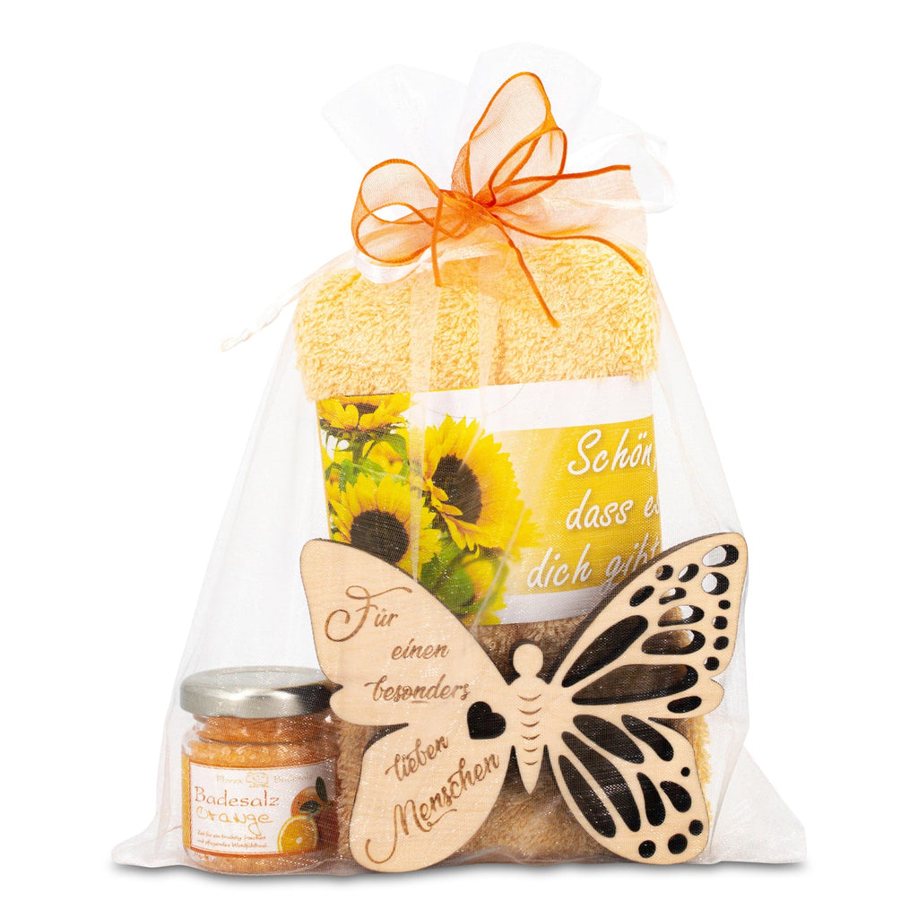 geschenkset-zirbenholz-schmetterling-mit-gravur-lieber-mensch-badesalz-tuch-orange-znatur-no-118