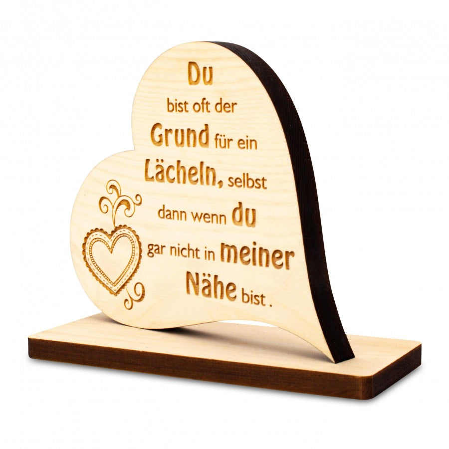 Zirbenholz Herz 16 cm handgefertigt mit Standsockel - Gravur Du bist oft der Grund - ZNatur No.127