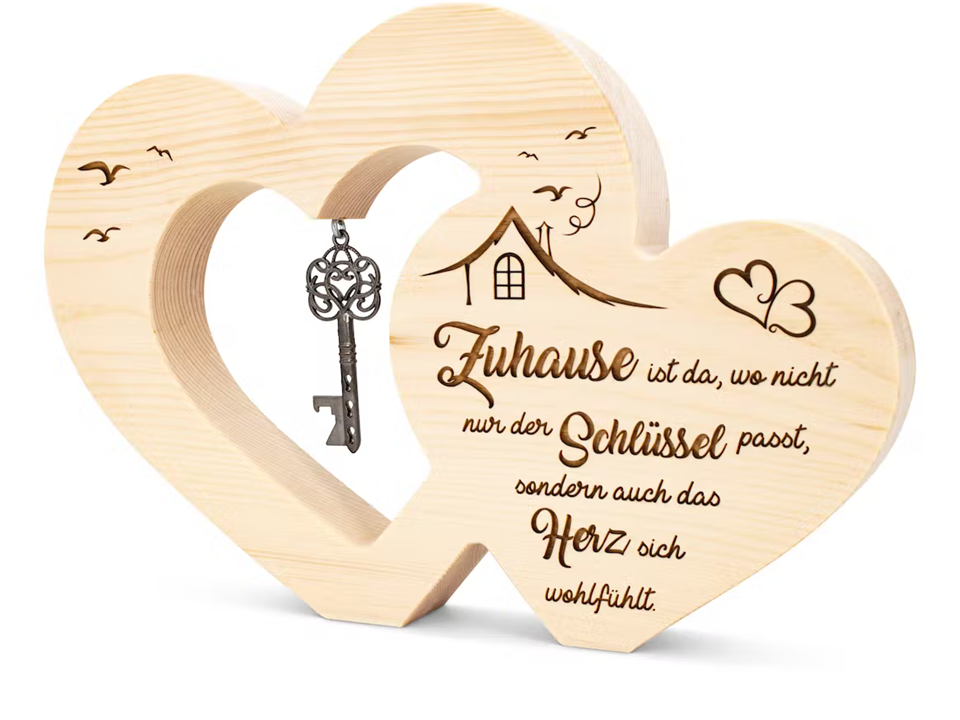 Zirbenholz-Herz mit Schlüssel und Gravur "Zuhause" 20cm,  ZNatur No.22