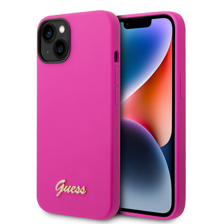 Handyhülle iPhone 14 Guess Case Metall Logo Fuchsia (Hot Pink) – Ambiance1